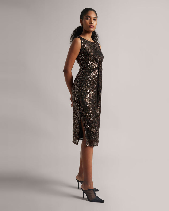 Brown Poly Elastane Sequinned Party Midi Dress