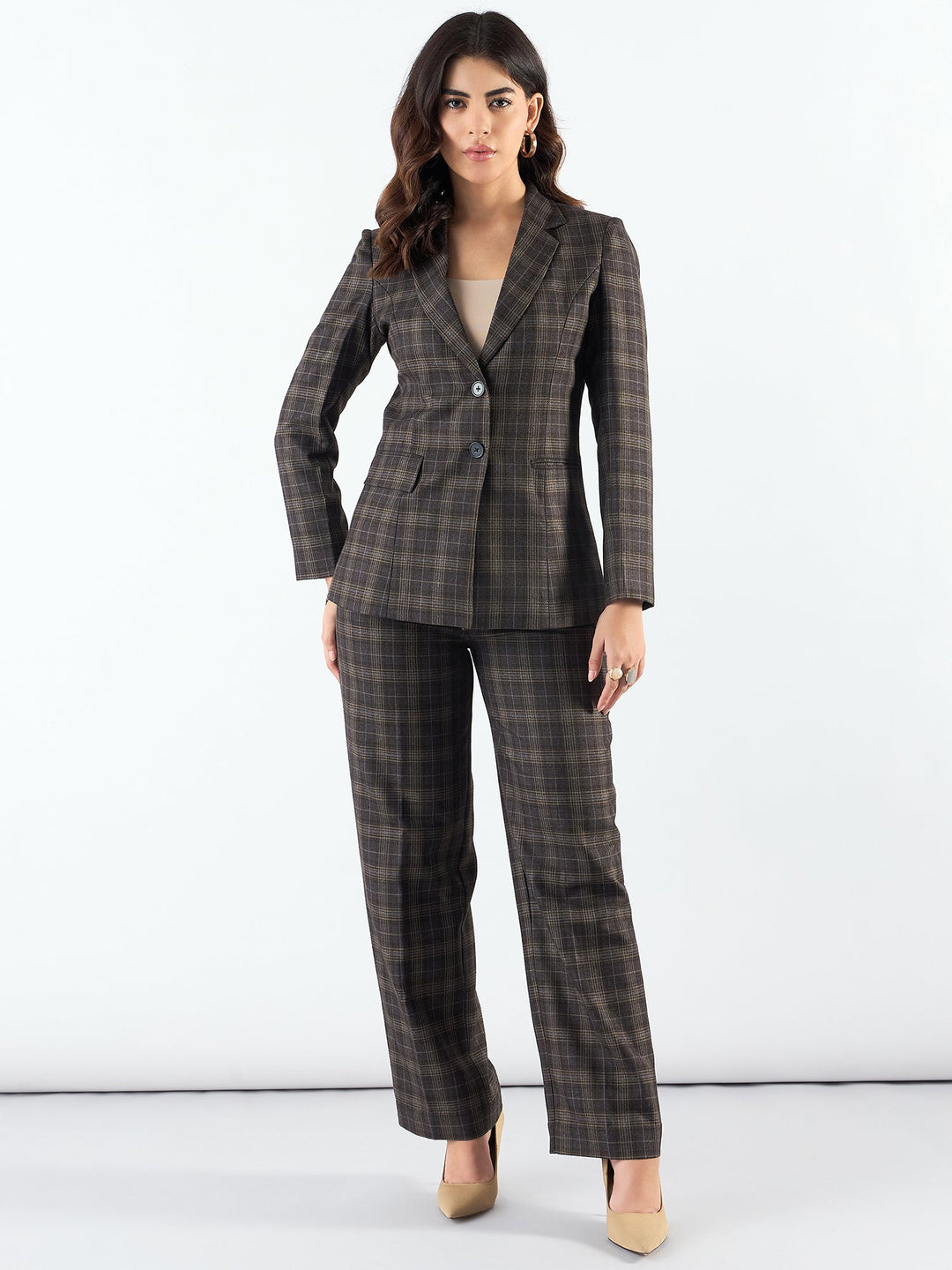 Brown-Poly-Viscose-Fit-Long-Warm-Checkered-Blazer-&-Trouser