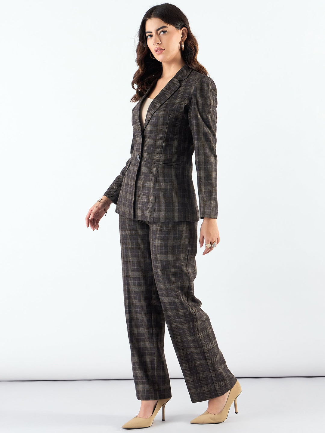 Brown-Poly-Viscose-Fit-Long-Warm-Checkered-Blazer-&-Trouser