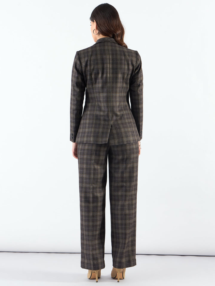 Brown-Poly-Viscose-Fit-Long-Warm-Checkered-Blazer-&-Trouser