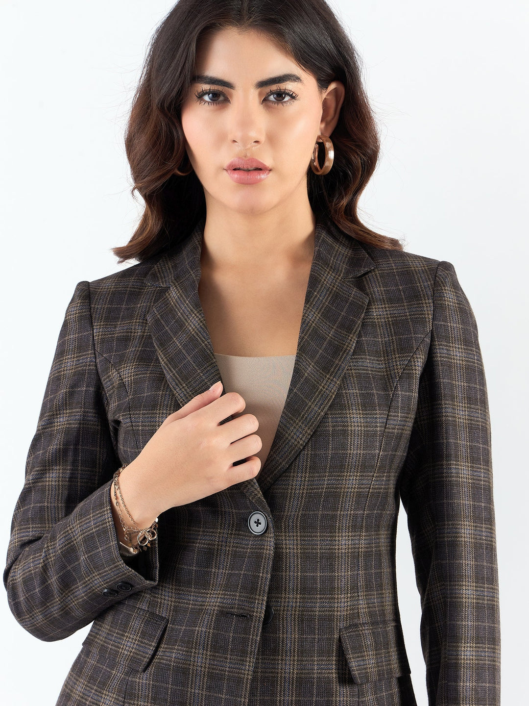 Brown-Poly-Viscose-Fit-Long-Warm-Checkered-Blazer-&-Trouser