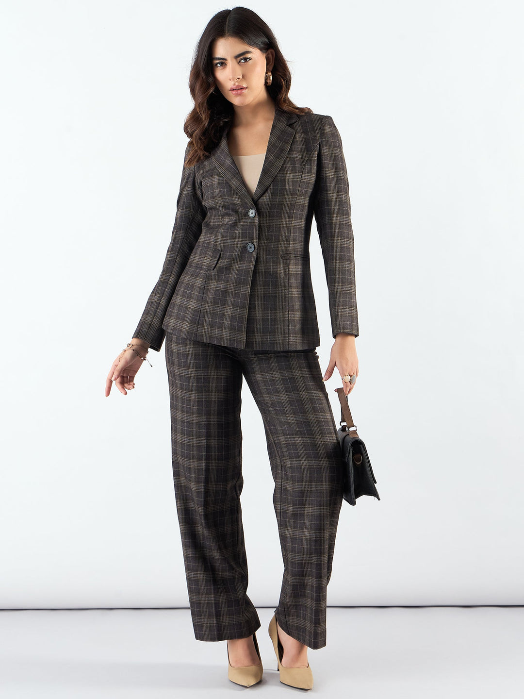 Brown-Poly-Viscose-Fit-Long-Warm-Checkered-Blazer-&-Trouser