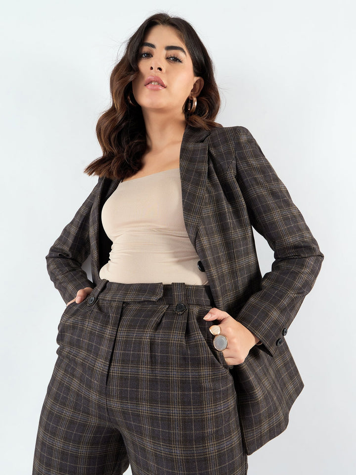 Brown-Poly-Viscose-Fit-Long-Warm-Checkered-Blazer-&-Trouser