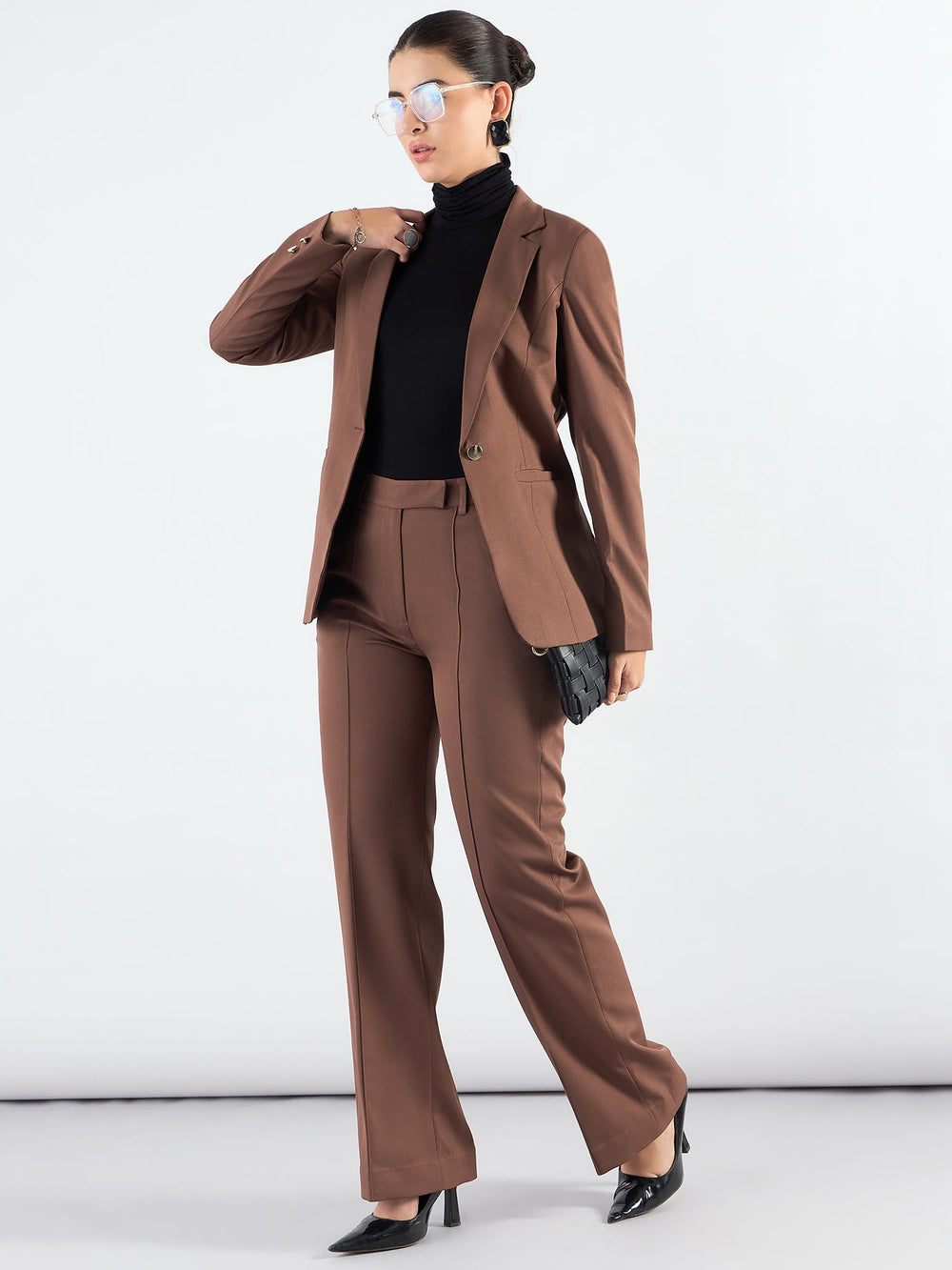 Brown-Poly-Viscose-Notched-Lapel-Blazer-With-High-Waist-Trouser