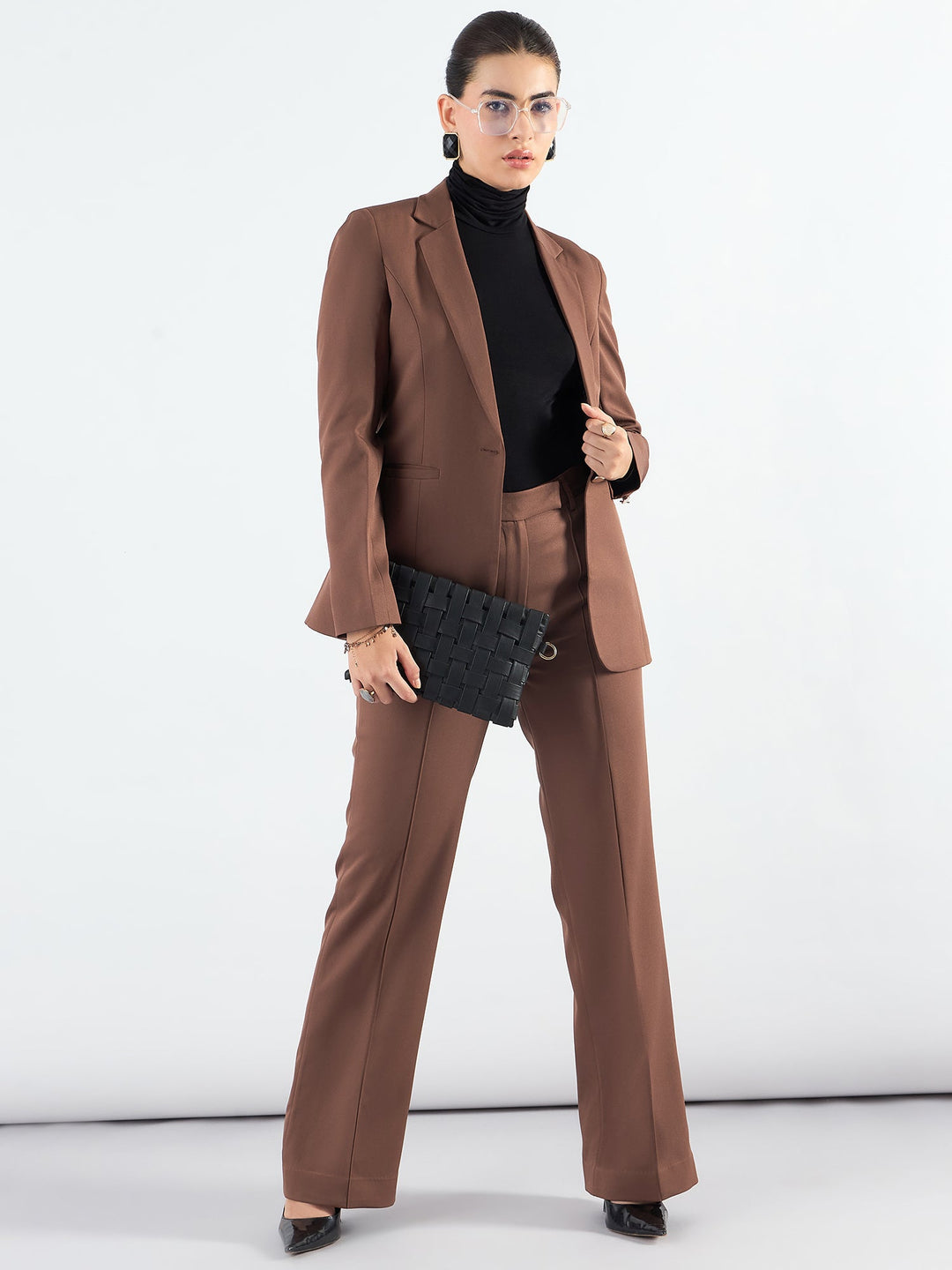 Brown-Poly-Viscose-Notched-Lapel-Blazer-With-High-Waist-Trouser