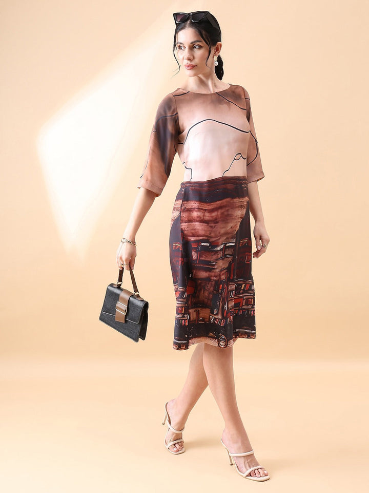 Brown-Polyester-A-Line-Printed-Dress