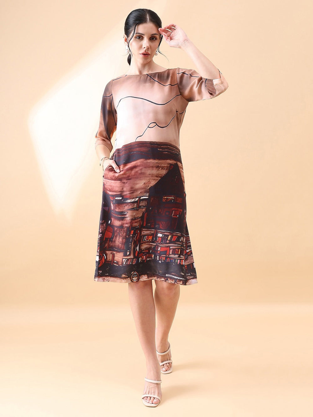 Brown-Polyester-A-Line-Printed-Dress