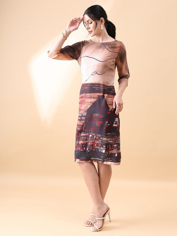 Brown-Polyester-A-Line-Printed-Dress