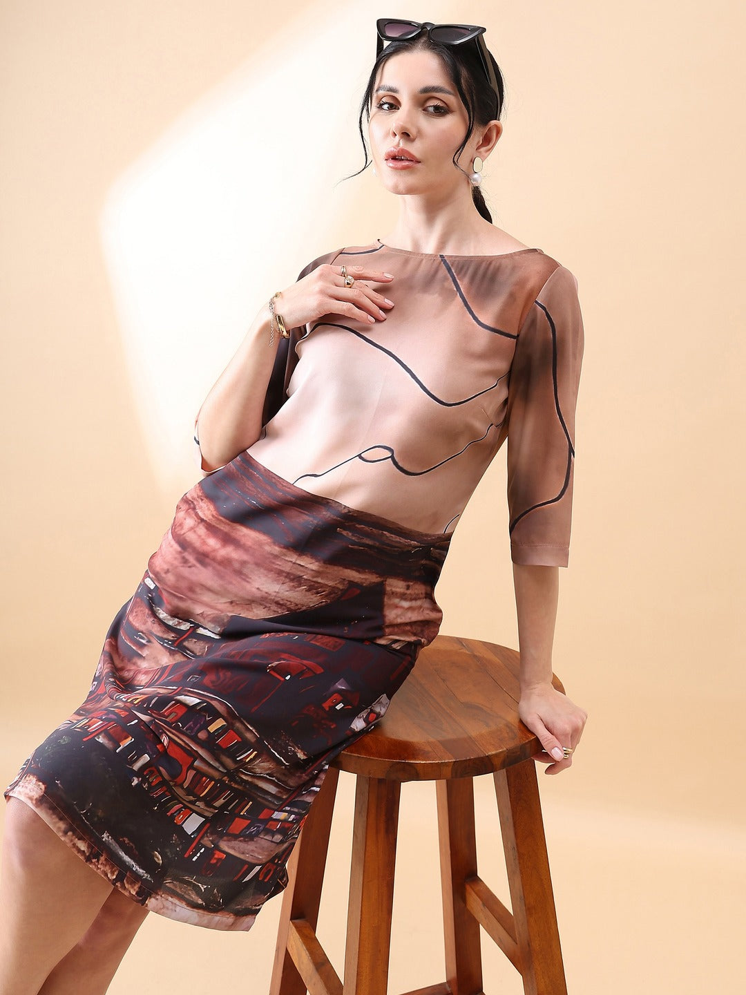 Brown-Polyester-A-Line-Printed-Dress