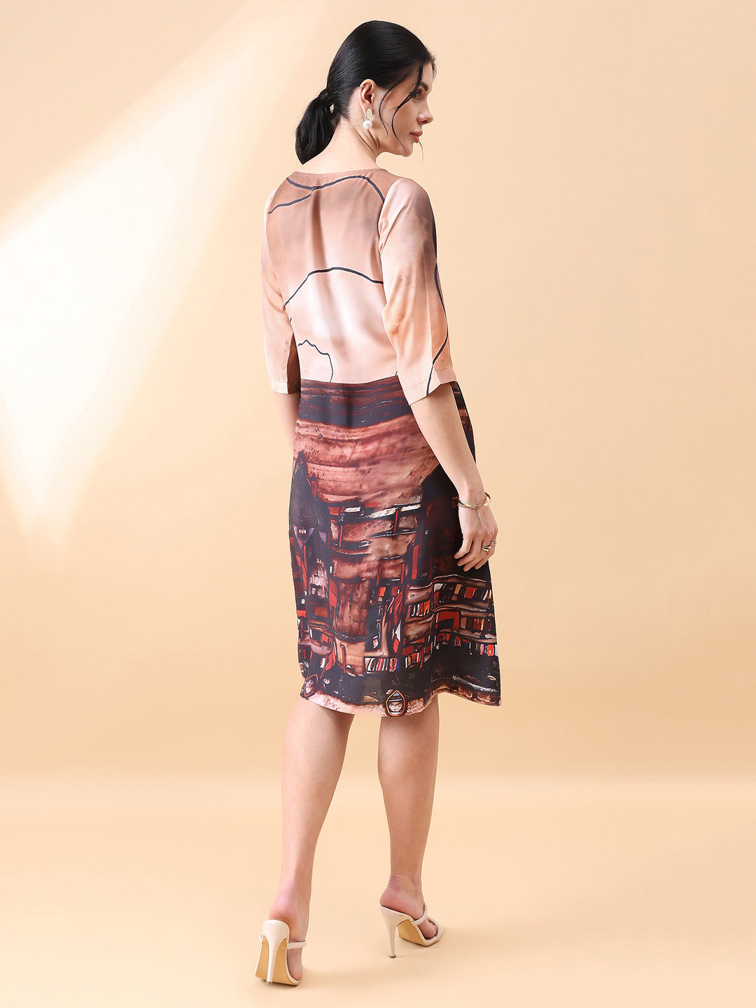 Brown-Polyester-A-Line-Printed-Dress