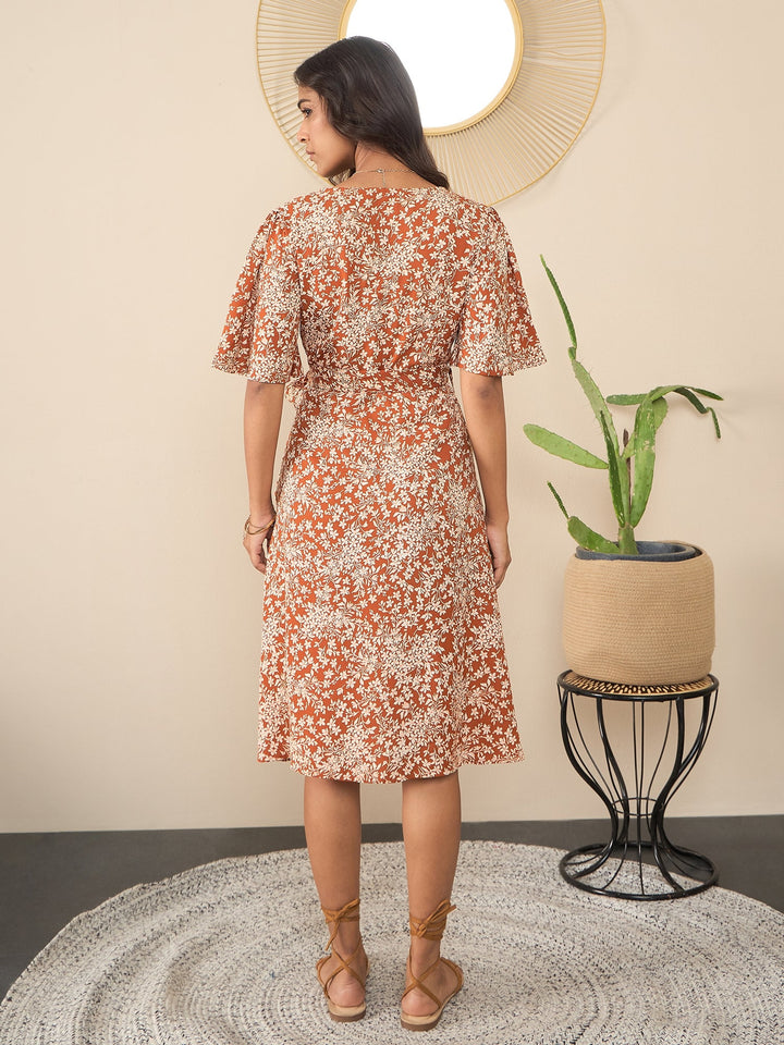 Brown-Polyester-Floral-Print-Wrap-Dress