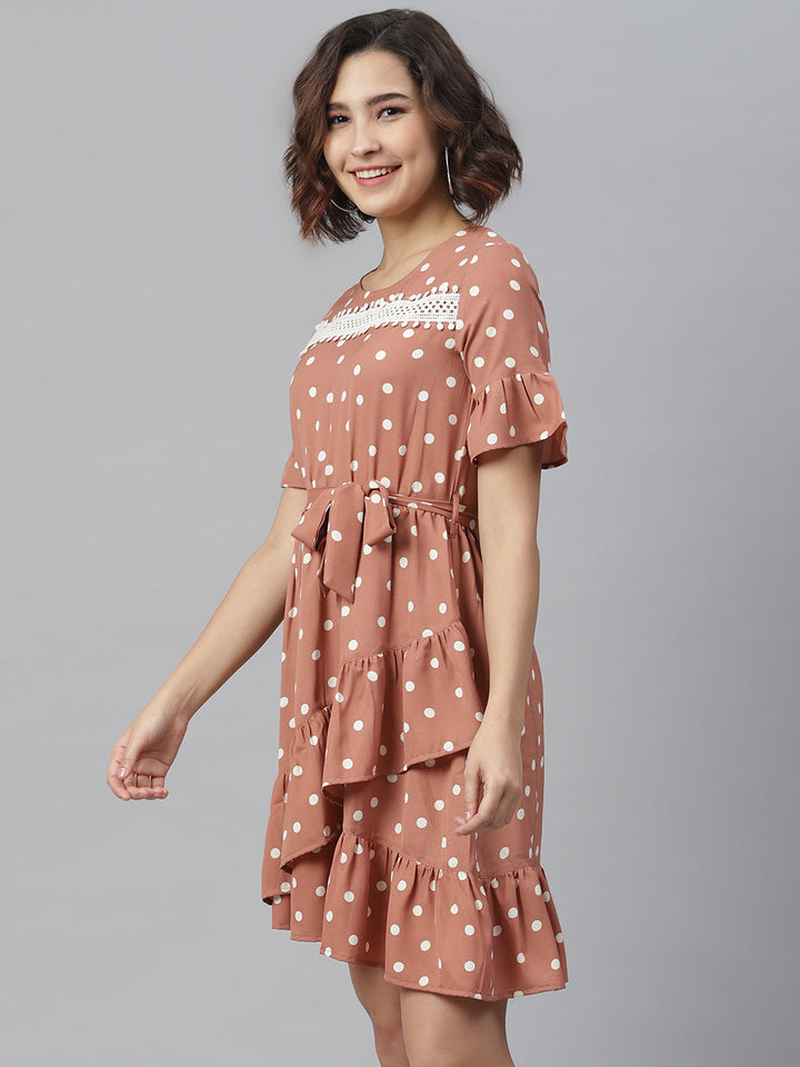 Brown-Polyester-Lace-Detailed-Polka-Dress