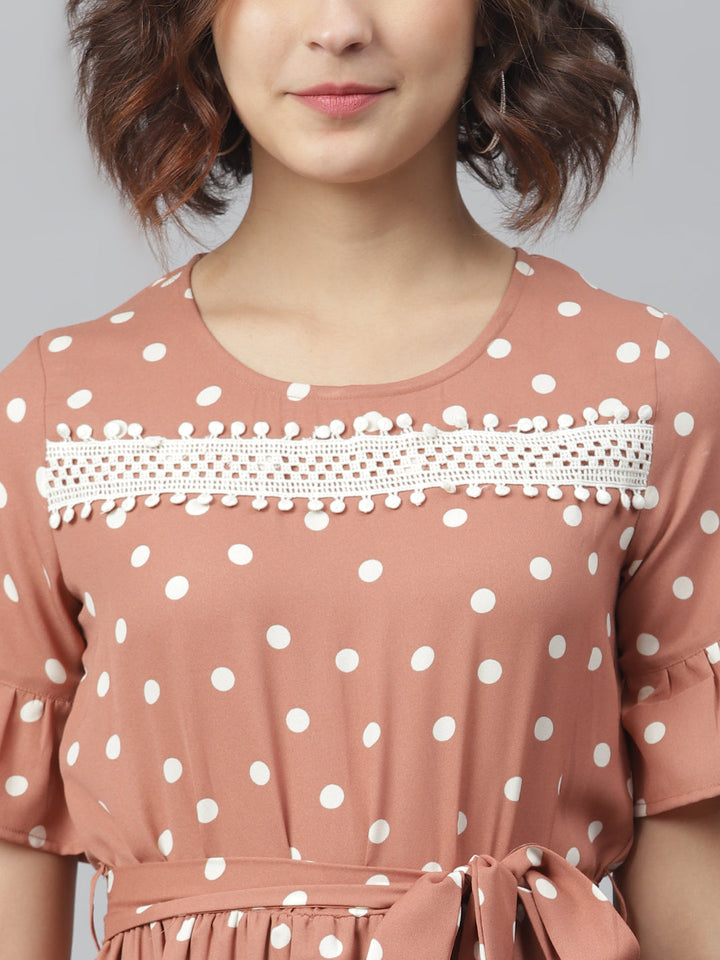 Brown-Polyester-Lace-Detailed-Polka-Dress