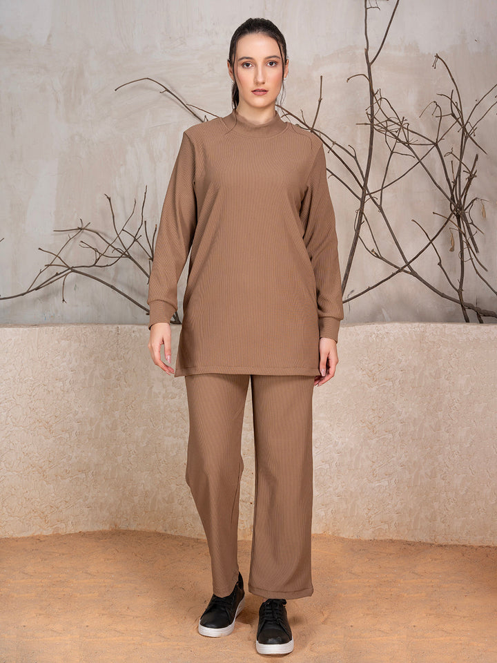 Brown Polyester Solid Full Sleeves Co-Ord Set