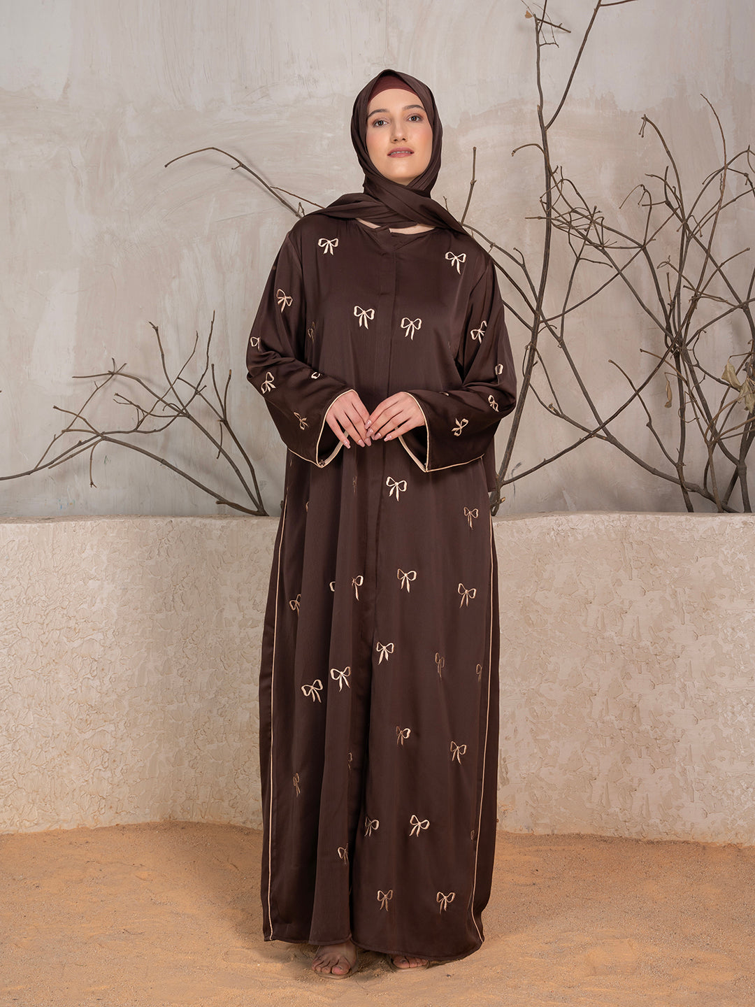 Brown Polyester Tik Tok Fabric Bow Embroidered Abaya With Scarf