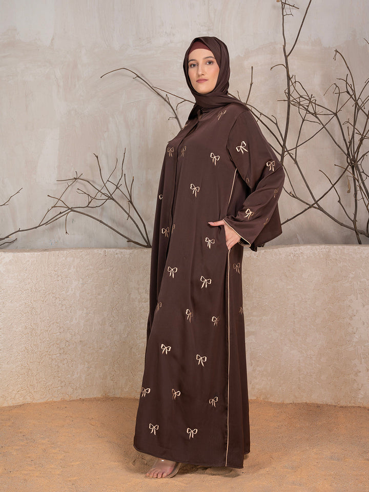 Brown Polyester Tik Tok Fabric Bow Embroidered Abaya With Scarf