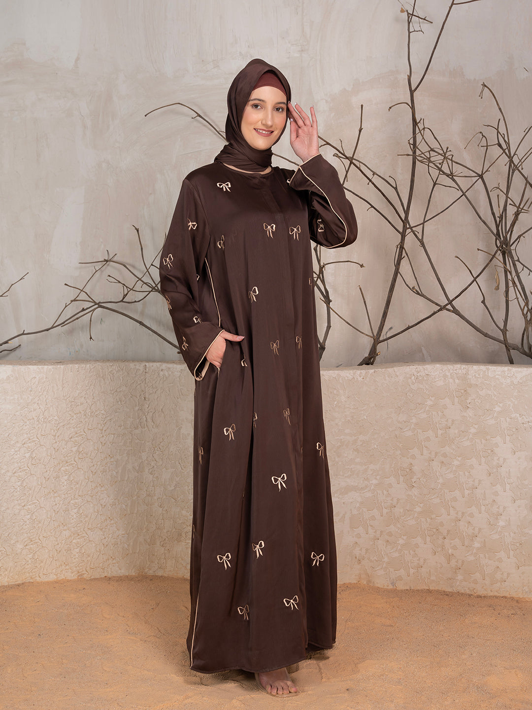 Brown Polyester Tik Tok Fabric Bow Embroidered Abaya With Scarf