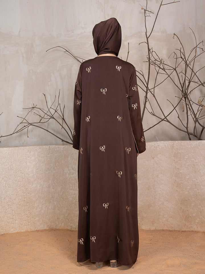 Brown Polyester Tik Tok Fabric Bow Embroidered Abaya With Scarf