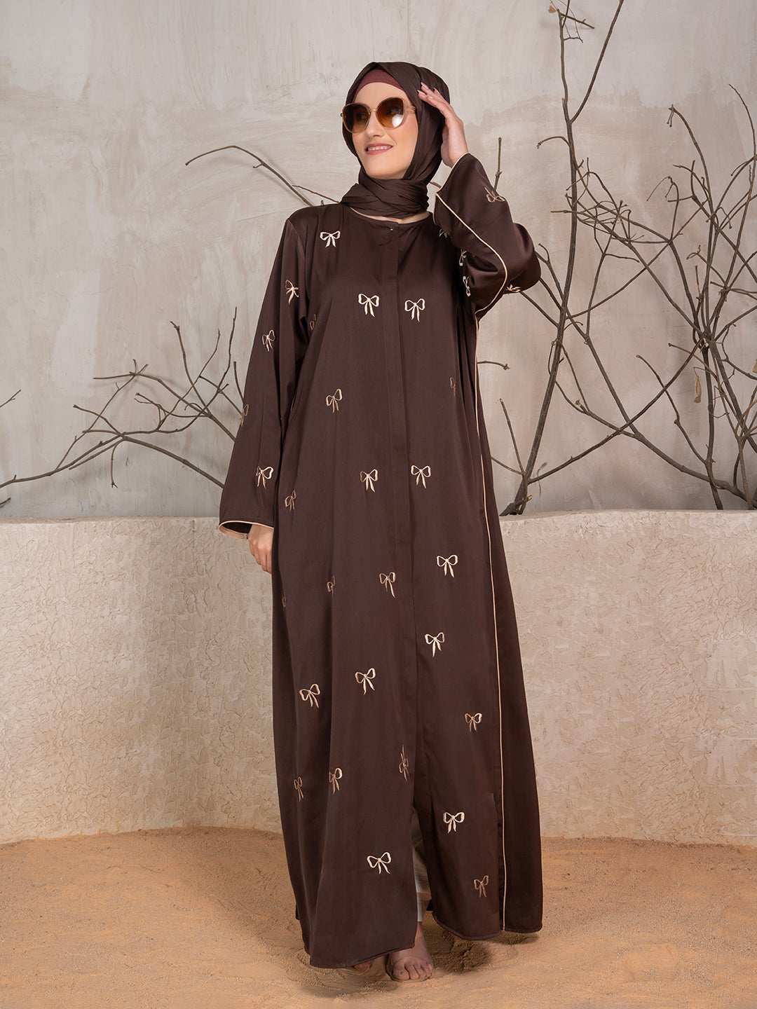 Brown Polyester Tik Tok Fabric Bow Embroidered Abaya With Scarf