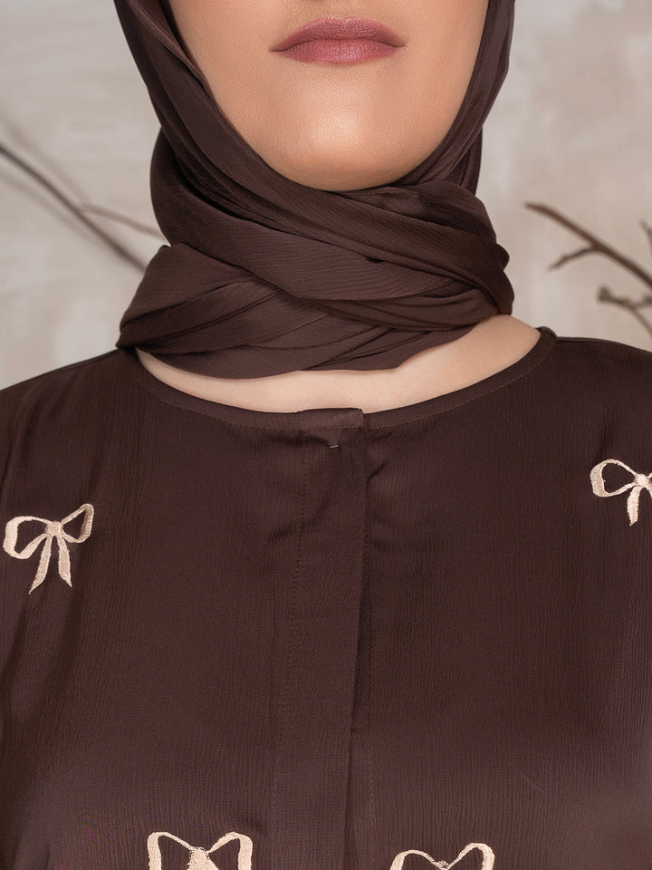 Brown Polyester Tik Tok Fabric Bow Embroidered Abaya With Scarf