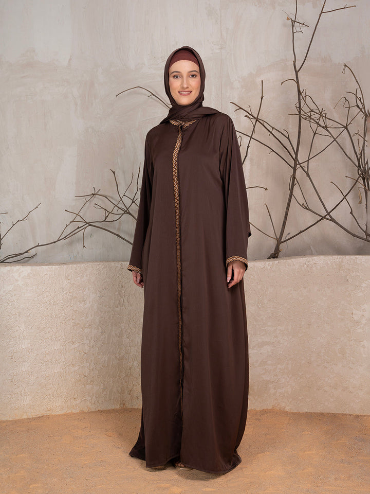 Brown Polyester Tik Tok Fabric Solid Embroidered Abaya With Scarf