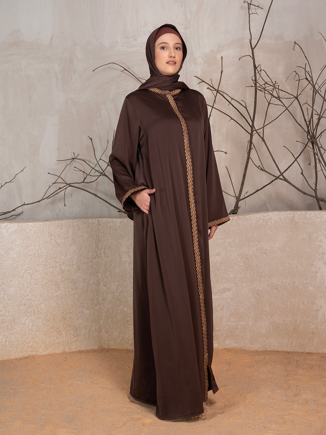 Brown Polyester Tik Tok Fabric Solid Embroidered Abaya With Scarf