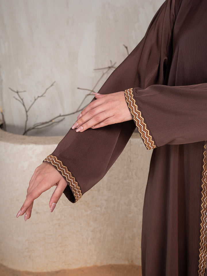 Brown Polyester Tik Tok Fabric Solid Embroidered Abaya With Scarf