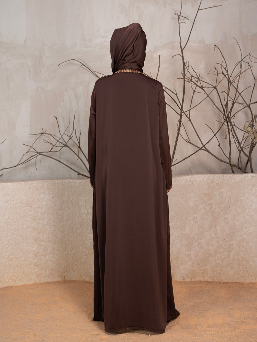 Brown Polyester Tik Tok Fabric Solid Embroidered Abaya With Scarf