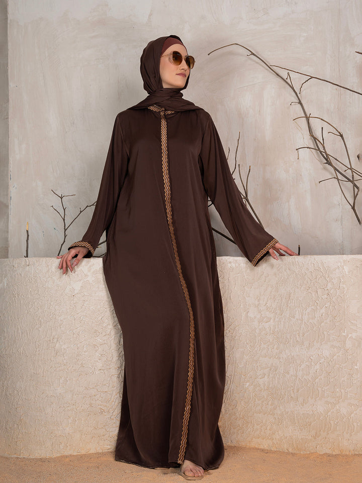 Brown Polyester Tik Tok Fabric Solid Embroidered Abaya With Scarf