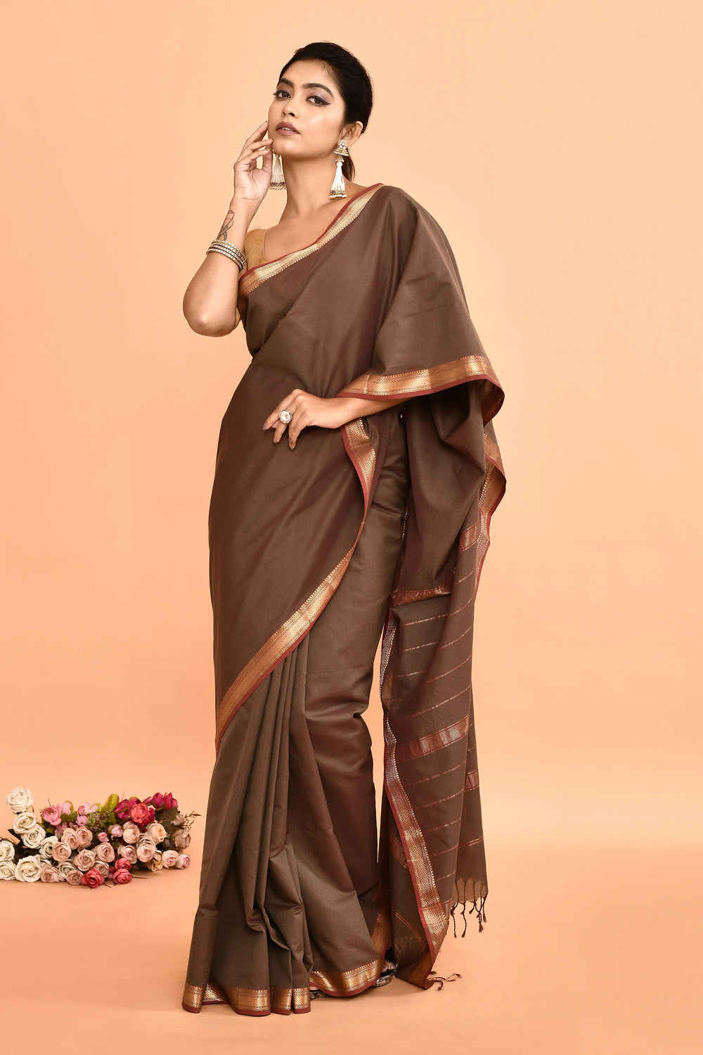 Brown-Pure-Cotton-Maheshwari-Saree