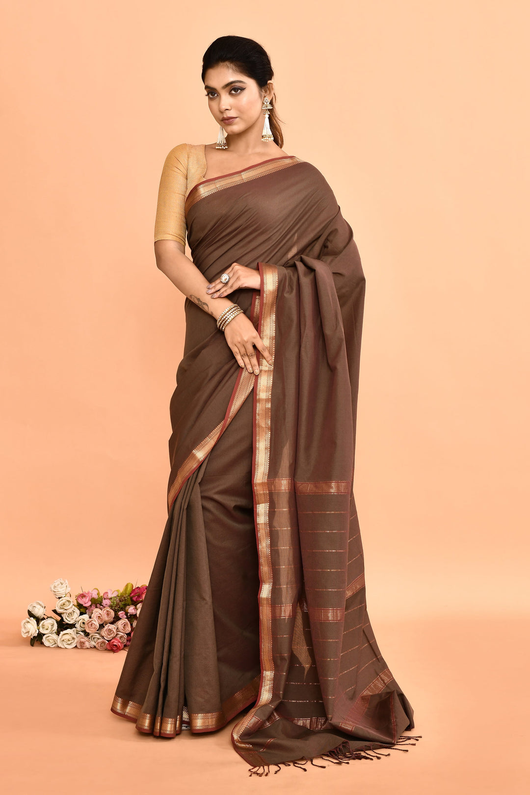 Brown-Pure-Cotton-Maheshwari-Saree