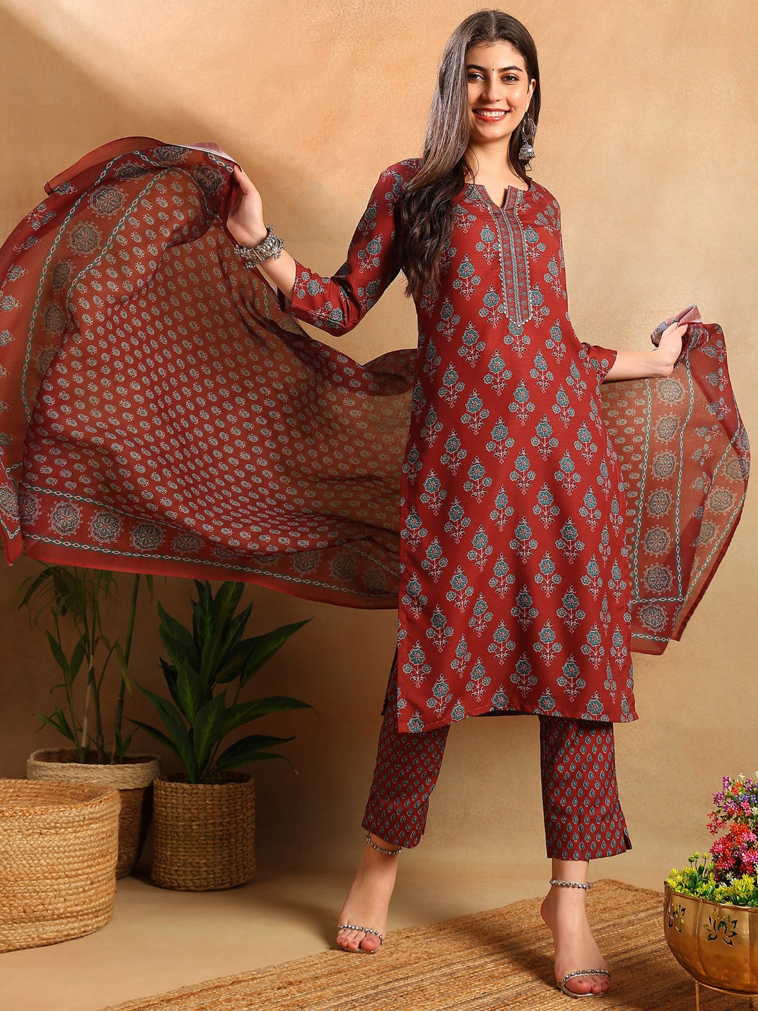 ZERESOUQ-Brown-Rayon-Blend-Floral-Printed-Straight-3-Piece-Kurta-Set