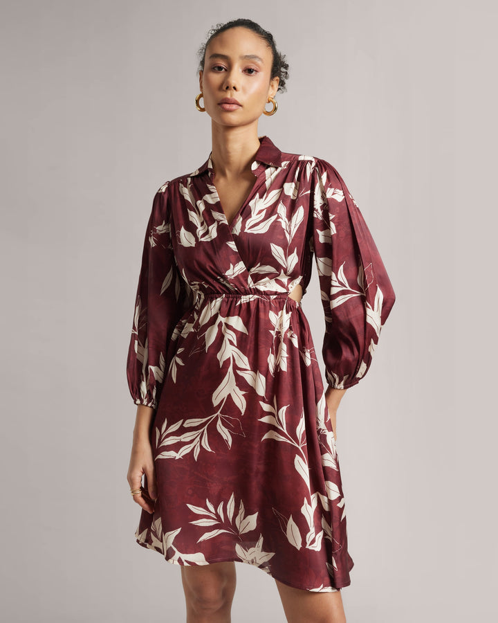 Brown Satin Botanic Print Mini Dress with Elastic Waist