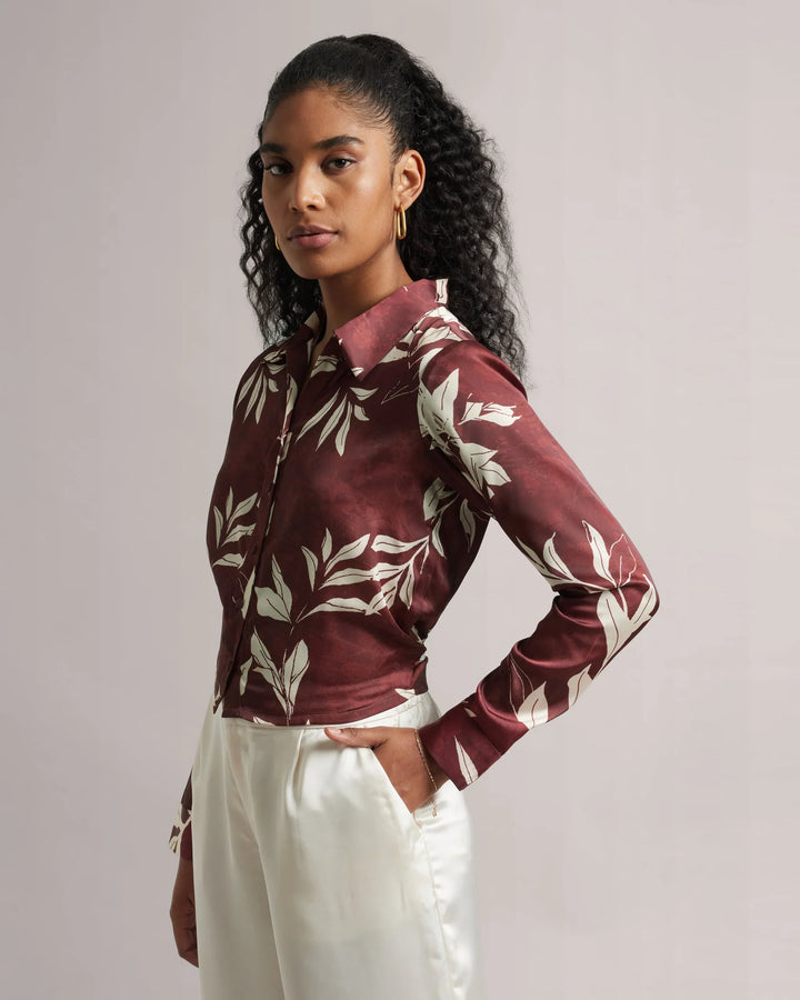 Brown Satin Check Button-Down Crop Shirt Only