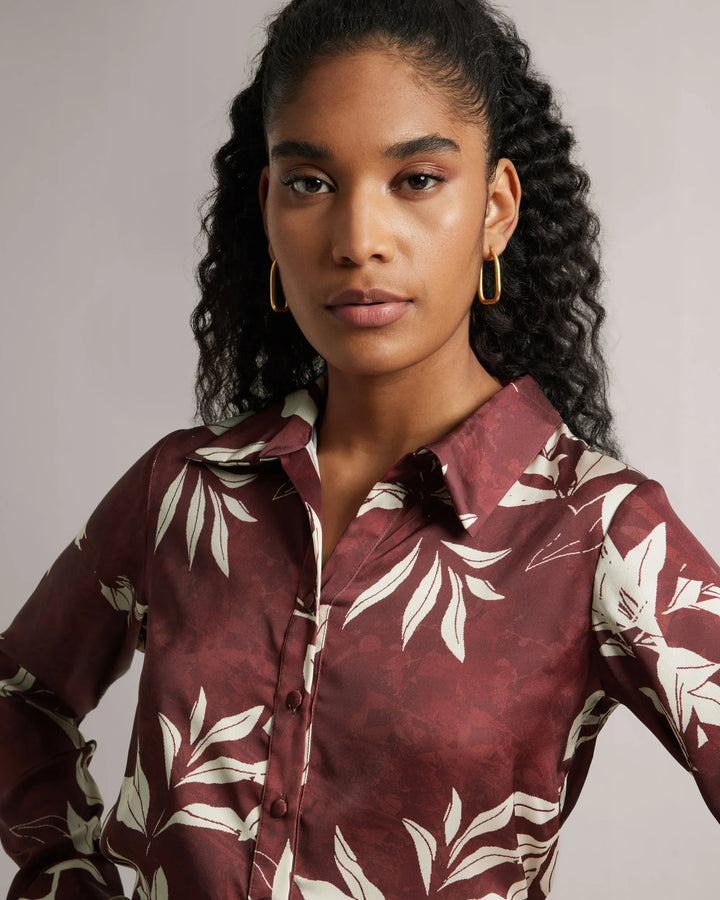 Brown Satin Check Button-Down Crop Shirt Only