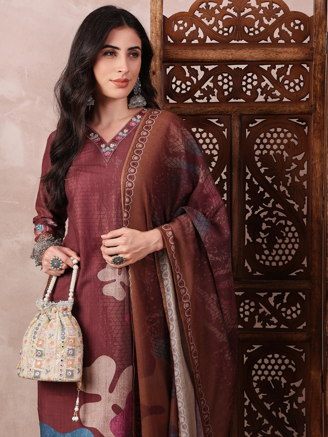 Brown-Silk-Blend-Floral-Printed-3-Piece-Kurta-Set