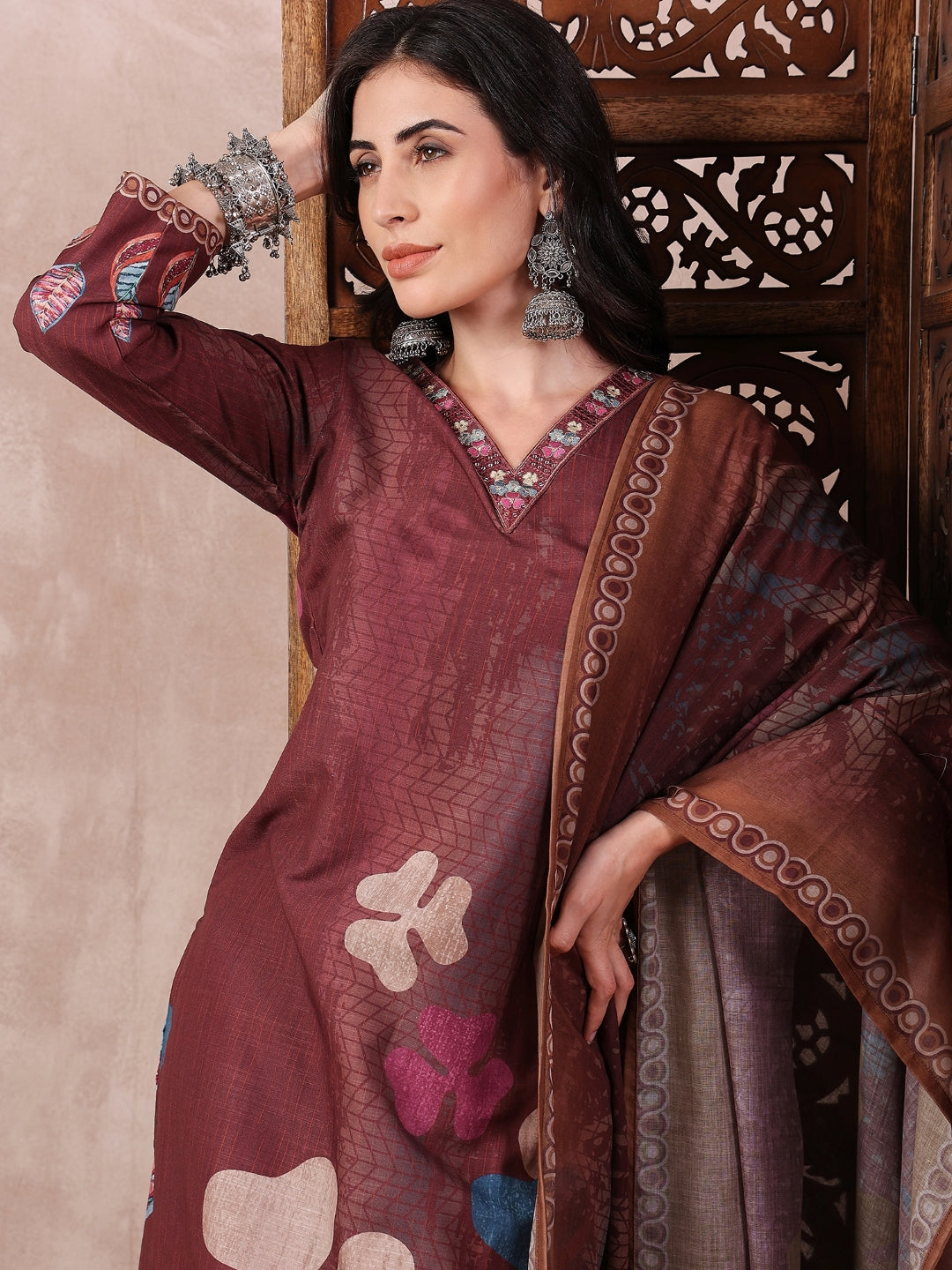 Brown-Silk-Blend-Floral-Printed-3-Piece-Kurta-Set