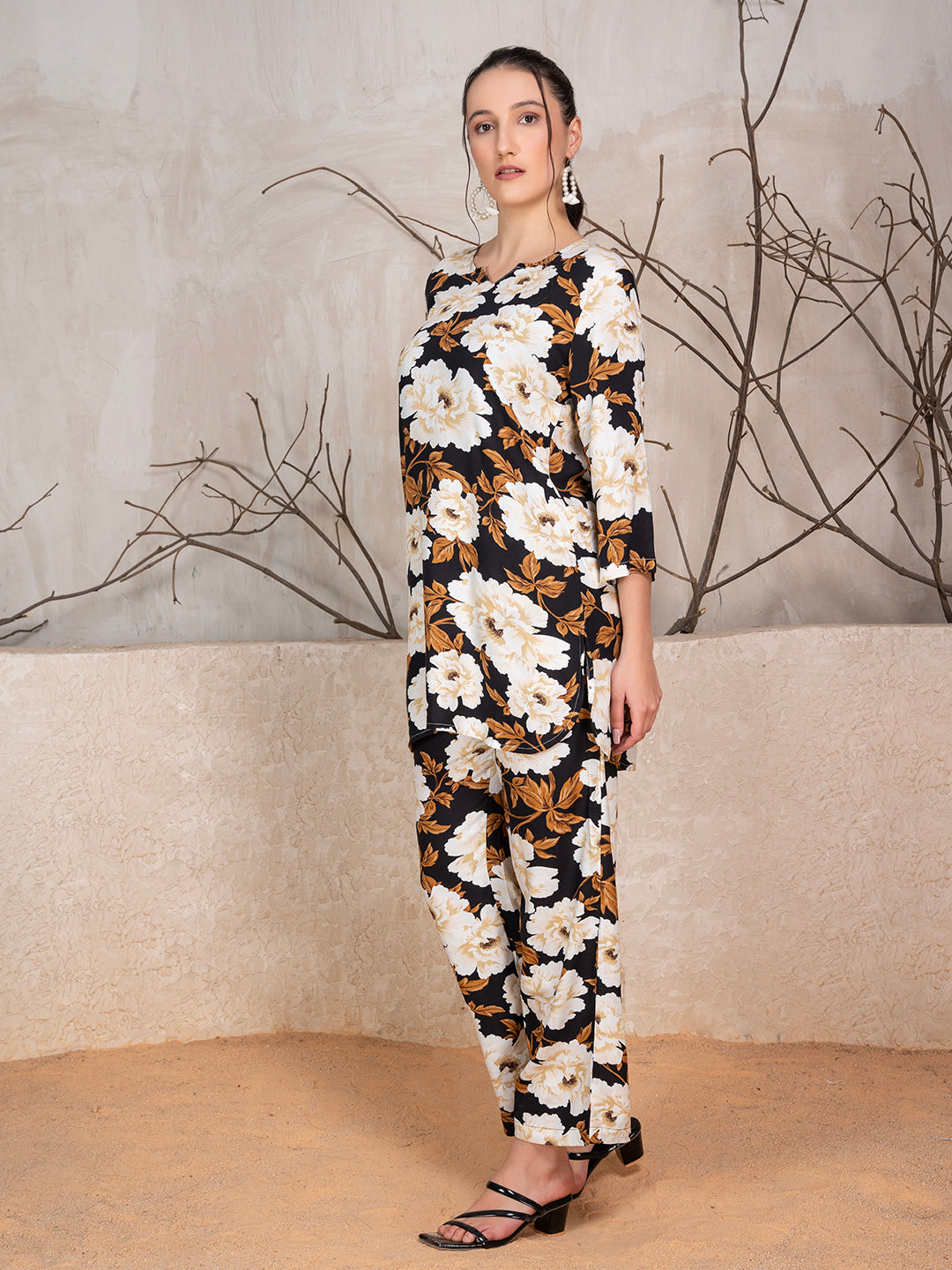 Brown Viscose Rayon Floral Print Co-Ord Set