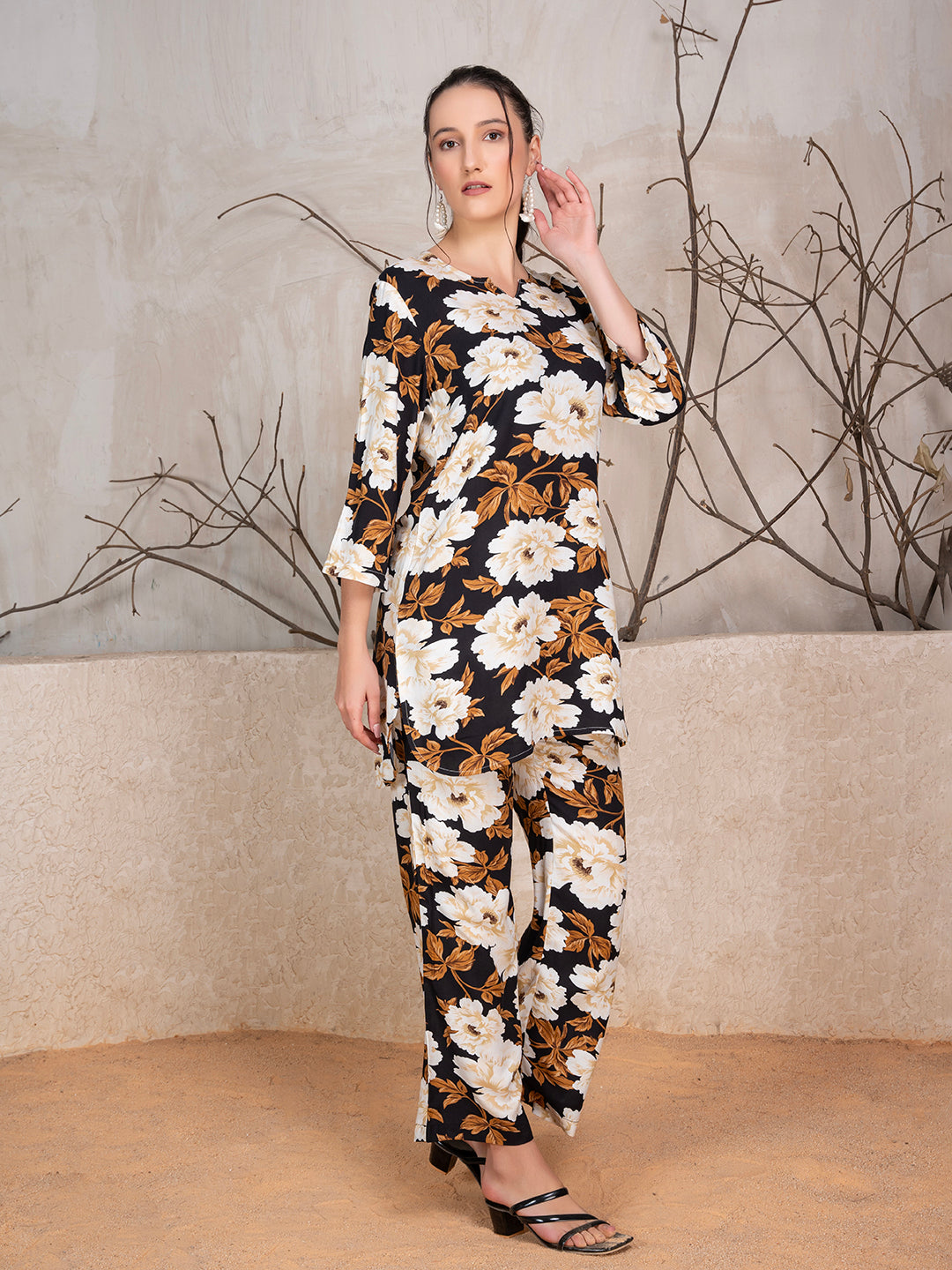 Brown Viscose Rayon Floral Print Co-Ord Set