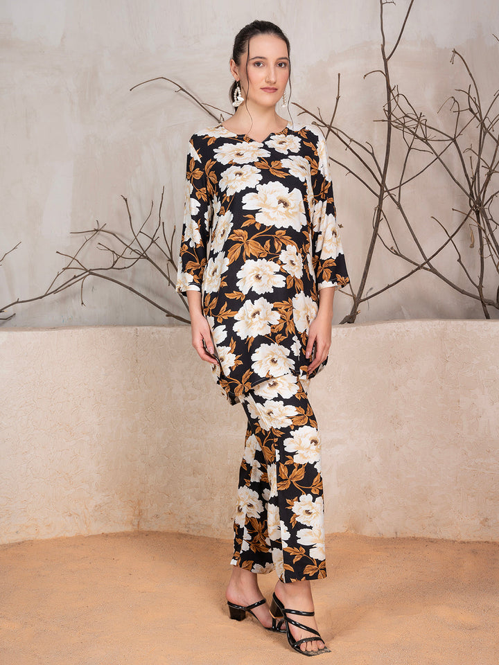 Brown Viscose Rayon Floral Print Co-Ord Set