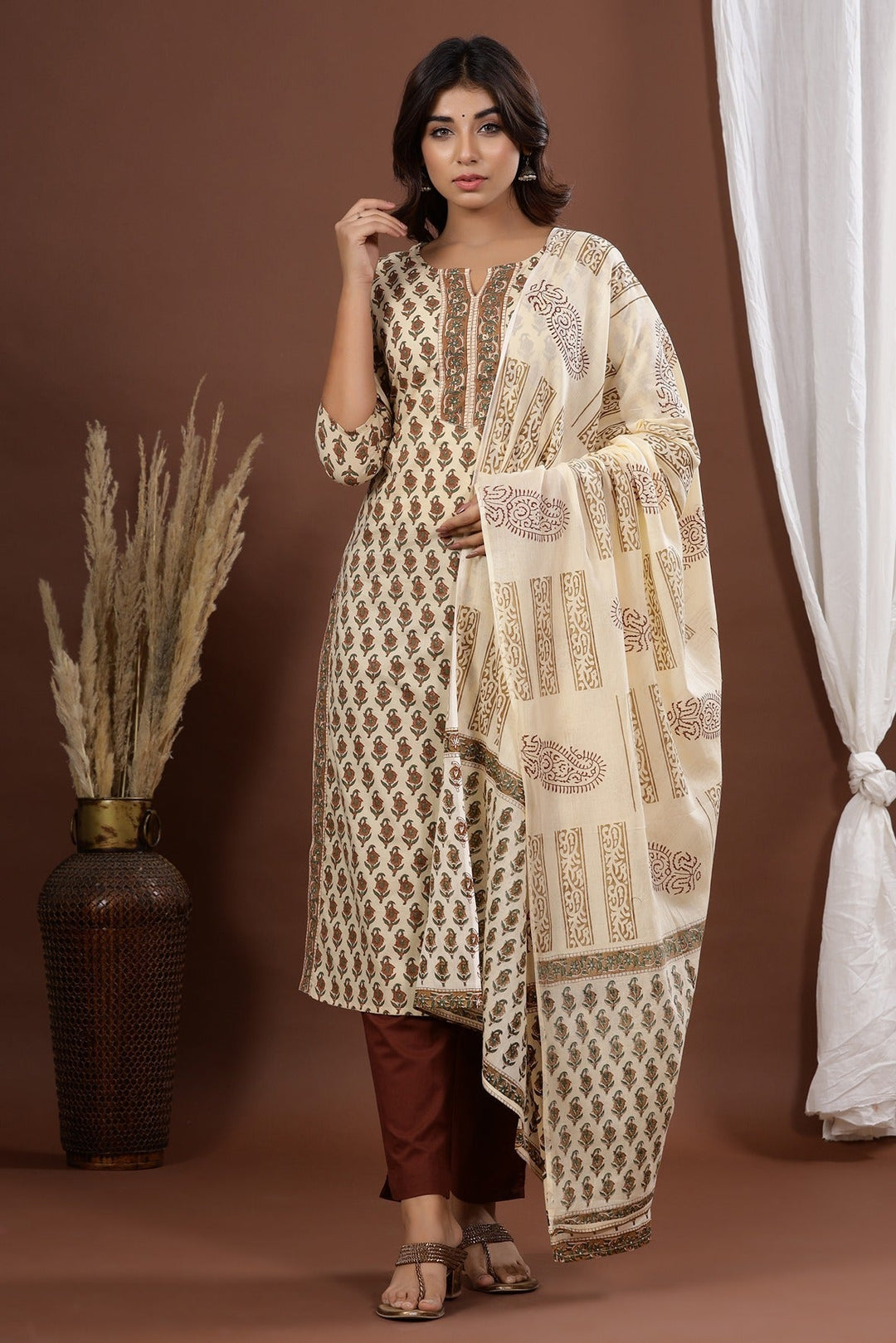 Brown-&-Beige-Cotton-Printed-3-Piece-Kurta-Set