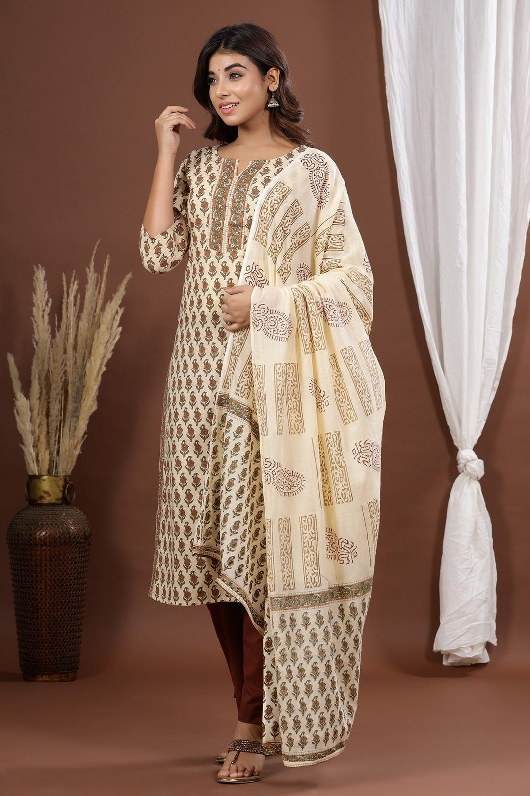 Brown-&-Beige-Cotton-Printed-3-Piece-Kurta-Set