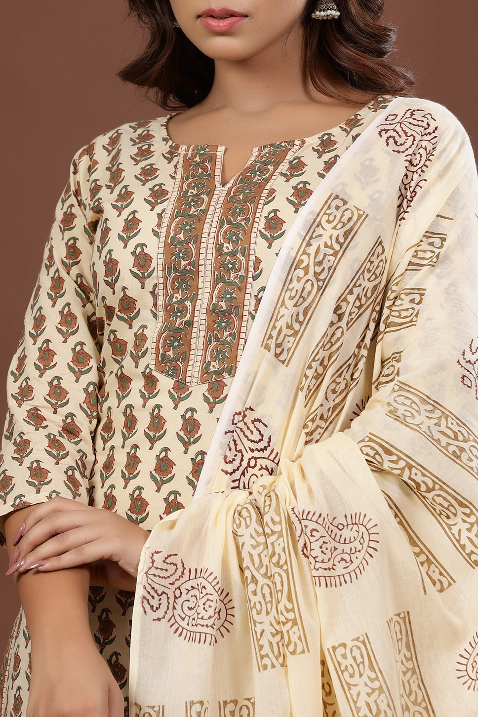 Brown-&-Beige-Cotton-Printed-3-Piece-Kurta-Set