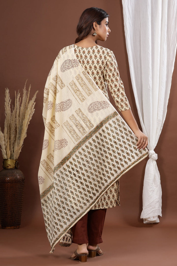 Brown-&-Beige-Cotton-Printed-3-Piece-Kurta-Set