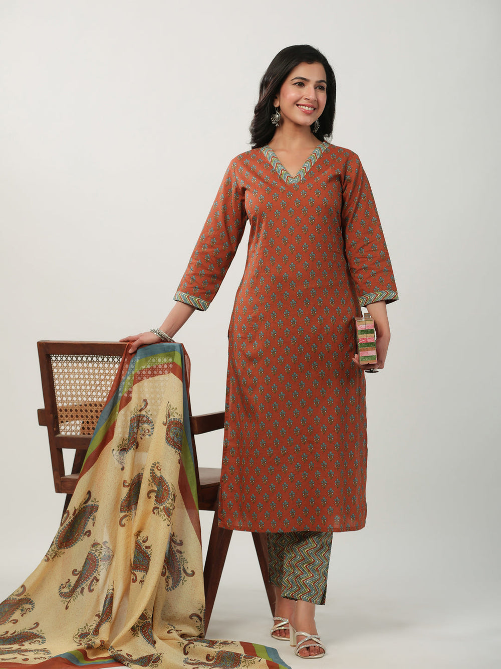 Brown-&-Multicolour-Cambric-Regular-3-Piece-Kurta-Set