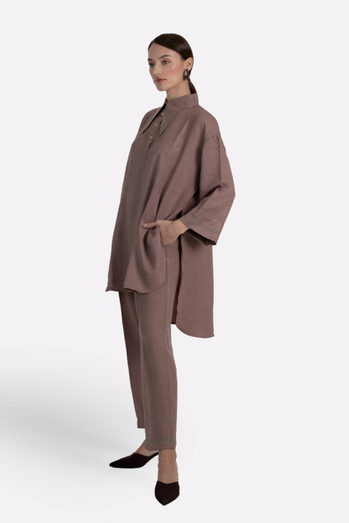 Brown Linen Blend Akira Kurta & Pant Set