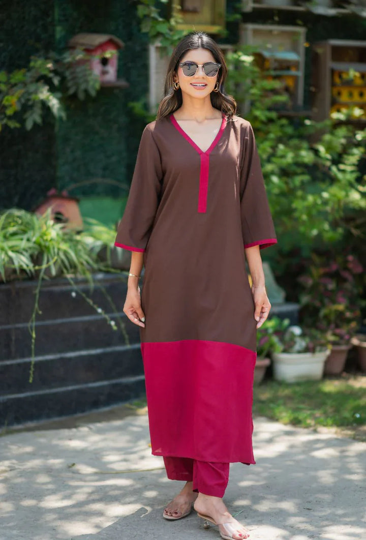 Brown-Lizzy-Bizzy Cotton-Color-Blocking-2-Piece-Kurta-Set