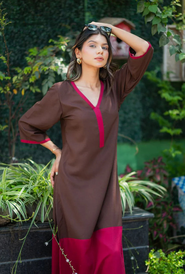 Brown-Lizzy-Bizzy Cotton-Color-Blocking-2-Piece-Kurta-Set