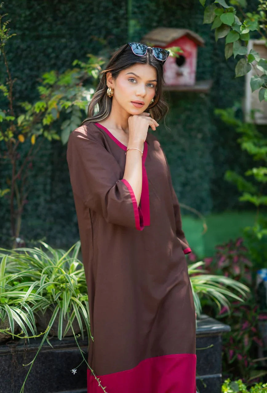 Brown-Lizzy-Bizzy Cotton-Color-Blocking-2-Piece-Kurta-Set