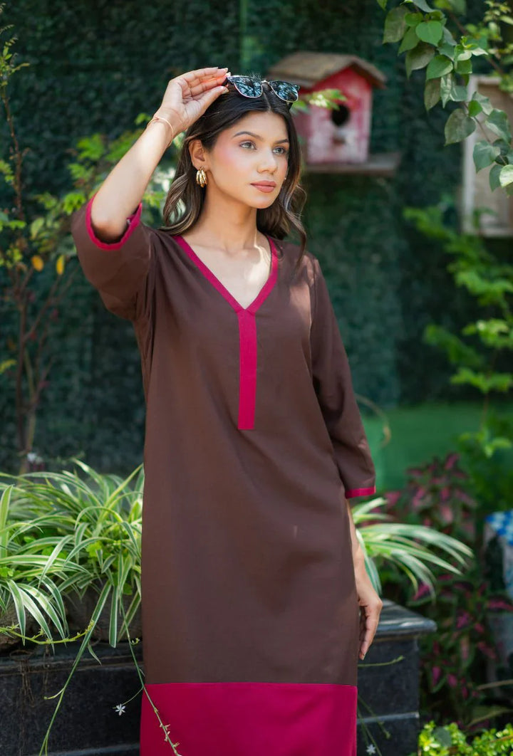 Brown-Lizzy-Bizzy Cotton-Color-Blocking-2-Piece-Kurta-Set